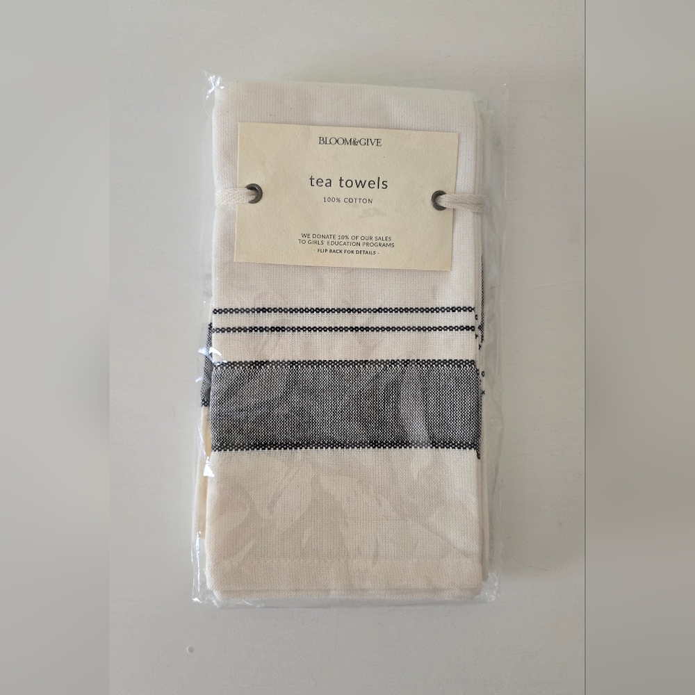 Bloom & Give Tea Towels – 100% Cotton Striped Kitchen Towels (New in Package)